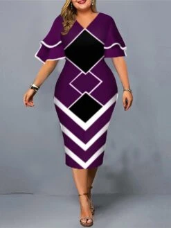 Women‘s Plus Size Curve Work Dress Geometric V Neck Short Sleeve Spring Fall Fashion Elegant Modern Midi Dress Formal Office Dress