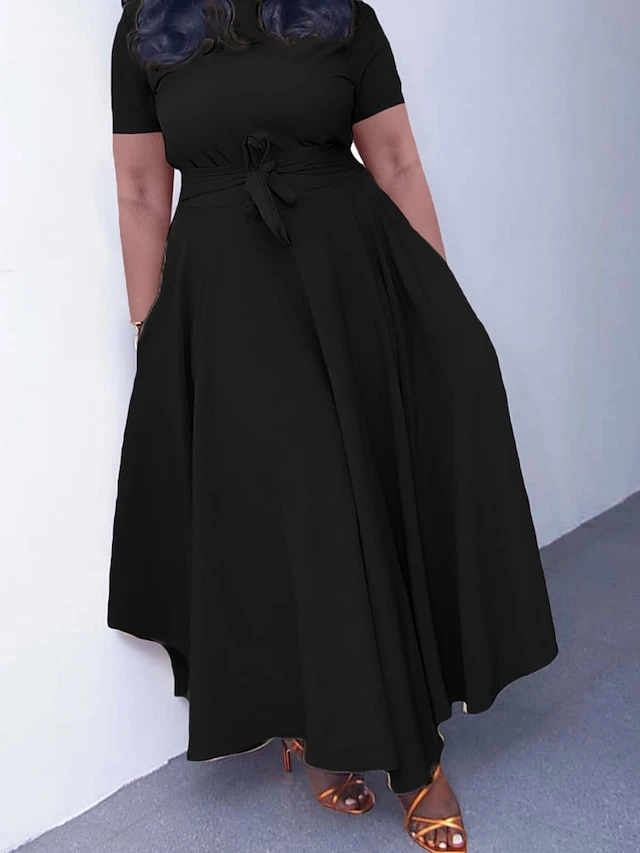 Women‘s Plus Size Curve Casual Dress A Line Dress Solid Color Long Dress Maxi Dress Short Sleeve Lace Up Pocket Crew Neck Fashion Outdoor Black Yellow Summer Spring L XL XXL 3XL 4 Women‘s Plus Size Curve Casual Dress A Line Dress Solid Color Long Dress Maxi Dress Short Sleeve Lace Up Pocket Crew Neck Fashion Outdoor Black Yellow Summer Spring L XL XXL 3XL - Image 4