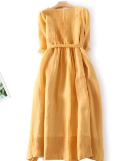 Women's Casual Dress A Line Dress Midi Dress Polyester Fashion Daily Outdoor Daily Vacation Crew Neck Ruched Tie Belt Long Sleeve Fall Winter Autumn 2023 Loose Fit Yellow Pink Purple Plain M L XL 2XL -Cheap Plus Fit Dress Store lvzzow1693904174051