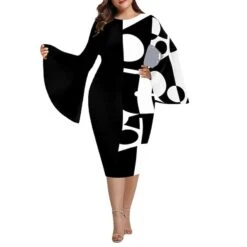 Women‘s Plus Size Curve Party Dress Geometric V Neck Print Long Sleeve Fall Winter Work Casual Prom Dress Knee Length Dress Casual Daily Dress -Cheap Plus Fit Dress Store lwfplj1639471885206