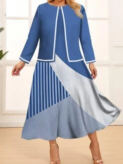 Women's Plus Size Curve Two Piece Dress Set Casual Dress Swing Dress Outdoor Office Fashion Streetwear Print Midi Dress Crew Neck Long Sleeve Geometric Color Block Wine Blue Khaki Spring Fall L -Cheap Plus Fit Dress Store lwhcde1691723056883
