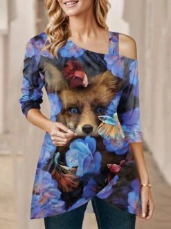 Women's Blouse Christmas Shirt Black White Red Plaid Cat Asymmetric Print Long Sleeve Party Christmas Casual Festival / Holiday One Shoulder Regular Fit Spring &Fall -Cheap Plus Fit Dress Store lwjogq1697509814885