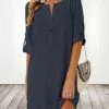Women's Cotton Linen Dress T Shirt Dress Tee Dress Shift Dress Mini Dress Linen Cotton Blend Stylish Basic Outdoor Daily Holiday Split Neck Ruched Half Sleeve Summer Spring 2023 Regular Fit Black