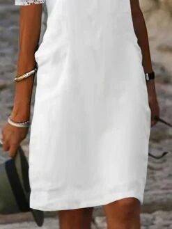 Women's Casual Dress Cotton Linen Dress Shift Dress Midi Dress Cotton Blend Modern Casual Daily Vacation V Neck Lace Hollow Out Short Sleeve Summer Spring 2023 Regular Fit White Pure Color S M L XL -Cheap Plus Fit Dress Store lwwcnh1678326350000