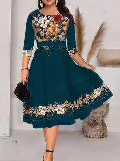 Women‘s Plus Size Curve Work Dress Swing Dress A Line Dress Fashion Midi Dress Print Crew Neck 3/4 Length Sleeve Floral Geometric Regular Fit Black White Green Summer Fall L XL XXL 3XL 4XL -Cheap Plus Fit Dress Store lxdkhq1690962538277