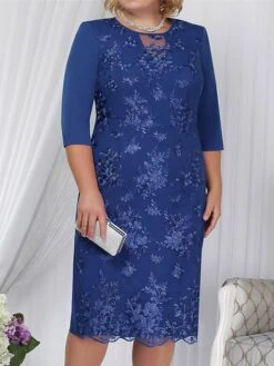 Women‘s Plus Size Curve Apple Shaped Dress Wedding Guest Lace Dress Work Dress Sheath Dress Floral Midi Dress Sleeve Lace Crew Neck Elegant Office Red Sky Blue Spring Summer Dress -Cheap Plus Fit Dress Store lxftvb1673503405917