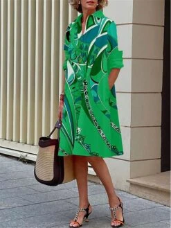 Women's Shirt Dress Casual Dress Midi Dress Outdoor Office Daily Polyester Fashion Modern Shirt Collar Button Pocket Long Sleeve Spring Fall 2023 Loose Fit Green Leaf S M L XL 2XL