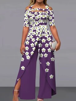 Women's Jumpsuit Maillard Print Floral Off Shoulder Elegant Party Wide Leg Regular Fit Short Sleeve Pink Navy Blue Royal Blue S M L Summer Fall -Cheap Plus Fit Dress Store lyjhyb1685017511506