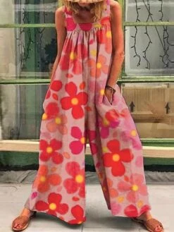 Women's Jumpsuits Casual Summer Overall Pocket Print Floral Square Neck Casual Street Daily Wide Leg Regular Fit Sleeveless Green Blue Pink S M L Spring