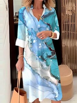 Women's Shirt Dress Casual Dress Midi Dress Outdoor Office Daily Polyester Fashion Modern Shirt Collar Button Pocket Long Sleeve Fall Winter 2023 Loose Fit Blue Sky Blue Green Ombre S M L XL 2XL