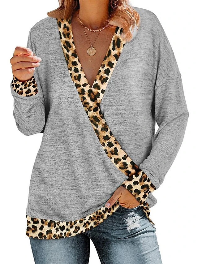 Women's T Shirt Tee Black Blue Purple Leopard Print Long Sleeve Daily Weekend Basic V Neck Regular Fit Painting Spring &Fall 7 Women's T Shirt Tee Black Blue Purple Leopard Print Long Sleeve Daily Weekend Basic V Neck Regular Fit Painting Spring &Fall - Image 7