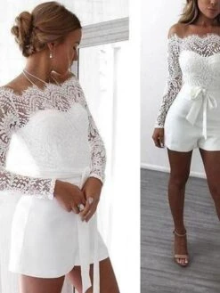 White Jumpsuit For Women Sexy Romper Lace Backless Solid Color Off Shoulder Elegant Party Street Regular Fit Long Sleeve S M L Summer -Cheap Plus Fit Dress Store lzztcq1677900513080