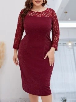Women‘s Plus Size Curve Party Dress Lace Dress Cocktail Dress Midi Dress Wine Long Sleeve Pure Color Lace Spring Fall Winter Crew Neck Fashion Winter Dress Birthday Wedding Guest 2023 -Cheap Plus Fit Dress Store mabfnf1691999691083