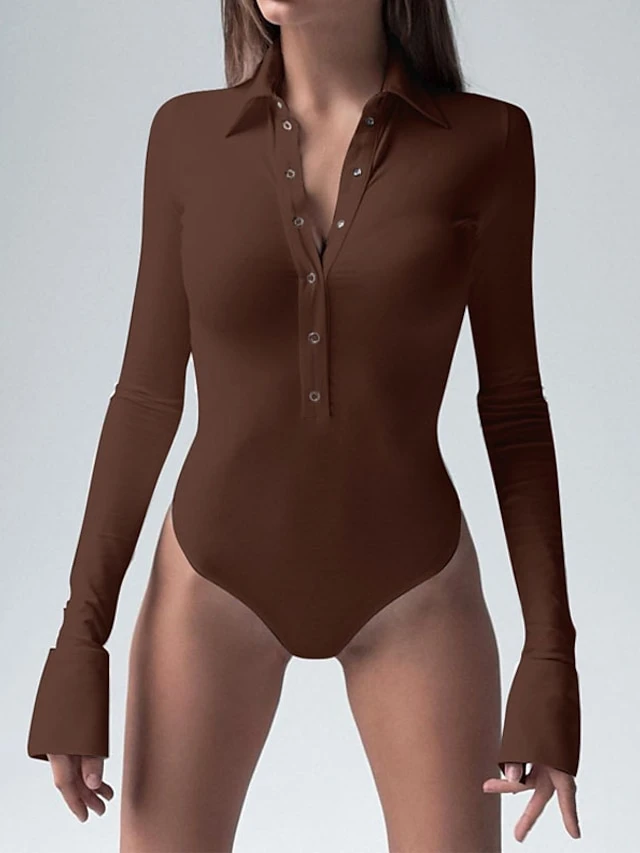 Women's Bodysuit Button Solid Color Shirt Collar Streetwear Home Street Regular Fit Long Sleeve Black Brown White S M L Spring Cold Weather 10 Women's Bodysuit Button Solid Color Shirt Collar Streetwear Home Street Regular Fit Long Sleeve Black Brown White S M L Spring Cold Weather - Image 10