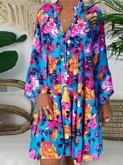 Women‘s Plus Size Curve Casual Dress Floral V Neck Print Long Sleeve Fall Spring Casual Short Mini Dress Daily Vacation Dress -Cheap Plus Fit Dress Store mahzcu1660643939634