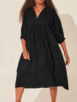 Women's Shirt Dress Casual Dress Midi Dress Outdoor Daily Date Cotton Basic Classic V Neck Ruched Long Sleeve Fall Winter 2023 Loose Fit Black Green Apricot Pure Color S M L XL