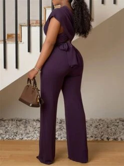 Women's Jumpsuit High Waist Print Solid Color V Neck Streetwear Wedding Party Regular Fit Short Sleeve Black Blue Purple S M L Summer -Cheap Plus Fit Dress Store mbackg1679396966853