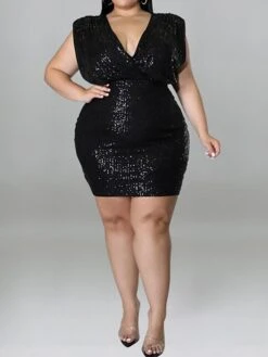 Women‘s Plus Size Curve Party Dress Solid Color V Neck Sequins Short Sleeve Spring Summer Sequins Prom Dress Short Mini Dress Party Back To School Dress Sequin Dress Homecoming Dress -Cheap Plus Fit Dress Store mbdzxc1652866155816