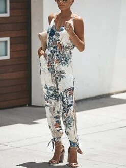 Women's Jumpsuit Drawstring Floral V Neck Casual Daily Holiday Harem Regular Fit Spaghetti Strap White Wine Army Green S M L Summer -Cheap Plus Fit Dress Store mbhuyh1658375520853