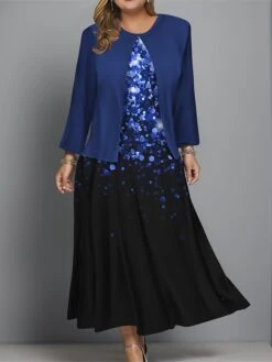 Women's Plus Size Two Piece Dress Set Casual Dress Swing Dress Outdoor Office Fashion Streetwear Print Midi Dress Crew Neck Long Sleeve Ombre Regular Fit Wine Navy Blue Blue Fall Winter L XL XXL 3XL -Cheap Plus Fit Dress Store mbzsuh1697681150885