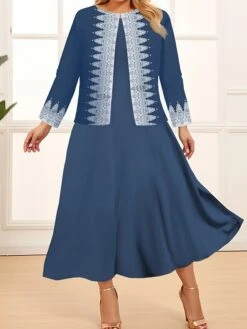 Women‘s Plus Size Curve Two Piece Dress Set Casual Dress Swing Dress Outdoor Office Fashion Streetwear Print Midi Dress Crew Neck Long Sleeve Geometric Color Block Regular Fit Black Navy Blue -Cheap Plus Fit Dress Store mcdvun1692078972535