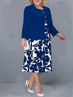 Women's Plus Size Curve Two Piece Dress Set Casual Dress Print Dress Outdoor Office Fashion Streetwear Print Midi Dress Crew Neck Long Sleeve Floral White Yellow Navy Blue Fall Winter L XL XXL