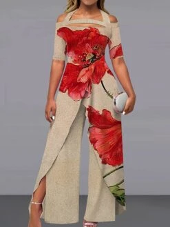 Women's Jumpsuit Maillard Print Floral Off Shoulder Elegant Party Wide Leg Regular Fit Short Sleeve Pink Navy Blue Royal Blue S M L Summer Fall