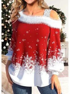 Women's Blouse Christmas Shirt Red Snowflake Print Long Sleeve Party Christmas Casual Festival / Holiday Fur Collar Regular Fit Lantern Sleeve Spring &Fall 5 Women's Blouse Christmas Shirt Red Snowflake Print Long Sleeve Party Christmas Casual Festival / Holiday Fur Collar Regular Fit Lantern Sleeve Spring &Fall -Cheap Plus Fit Dress Store mdaxmq1697710869573
