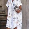 Women's Shirt Dress Casual Dress Cotton Linen Dress Midi Dress Polyester Fashion Casual Outdoor Daily Vacation Shirt Collar Asymmetric Print Short Sleeve Summer Spring 2023 Loose Fit White Floral S M
