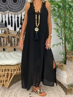 Women's Casual Dress Cotton Linen Dress White Dress Maxi Long Dress Polyester Lace Fashion Daily Weekend V Neck Lace Split Sleeveless Summer 2023 Loose Fit Lake Blue Black White Plain S M L XL 2XL -Cheap Plus Fit Dress Store mddskp1686105106568