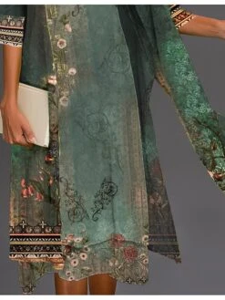 Women's Dress Set Two Piece Dress Emerald Green Dress Midi Dress Green 3/4 Length Sleeve Floral Print Winter Fall Spring U Neck Fashion Daily 2023 S M L XL 2XL 3XL -Cheap Plus Fit Dress Store mdwwef1663739369560