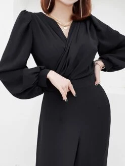 Women's Jumpsuit Patchwork Solid Color V Neck Streetwear Office Work Wide Leg Regular Fit Long Sleeve Black Khaki S M L Fall 9 Women's Jumpsuit Patchwork Solid Color V Neck Streetwear Office Work Wide Leg Regular Fit Long Sleeve Black Khaki S M L Fall -Cheap Plus Fit Dress Store mebqdy1692615946996