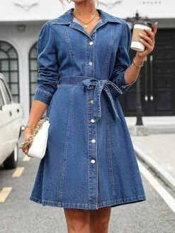 Women's Shirt Dress Casual Dress Mini Dress Outdoor Daily Vacation Denim Fashion Classic Shirt Collar Lace Up Button Long Sleeve Fall Winter 2023 Loose Fit Blue Pure Color XS S M L -Cheap Plus Fit Dress Store medvpp1695644888302
