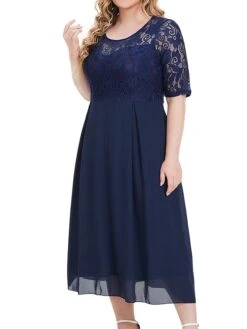 Women's Plus Size Party Dress Lace Dress Cocktail Dress Midi Dress Dark Blue Half Sleeve Pure Color Lace Fall Winter Autumn Crew Neck Fashion Winter Dress Wedding Guest Vacation 2023 XL XXL 3XL 4XL -Cheap Plus Fit Dress Store menvna1693296918406