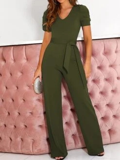 Women's Jumpsuit Lace Up Beaded Solid Color V Neck Elegant Office Christmas Xmas Regular Fit Short Sleeve Black Army Green Red S M L Fall 23 Women's Jumpsuit Lace Up Beaded Solid Color V Neck Elegant Office Christmas Xmas Regular Fit Short Sleeve Black Army Green Red S M L Fall -Cheap Plus Fit Dress Store mersrp1695347187350