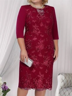 Women‘s Plus Size Curve Apple Shaped Dress Wedding Guest Lace Dress Work Dress Sheath Dress Floral Midi Dress Sleeve Lace Crew Neck Elegant Office Red Sky Blue Spring Summer Dress -Cheap Plus Fit Dress Store mewiiu1673503408618