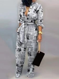 Women's Jumpsuit High Waist Print Letter Shirt Collar Casual Street Going Out Regular Fit Long Sleeve White Black S M L Winter -Cheap Plus Fit Dress Store mezvkn1663731268543