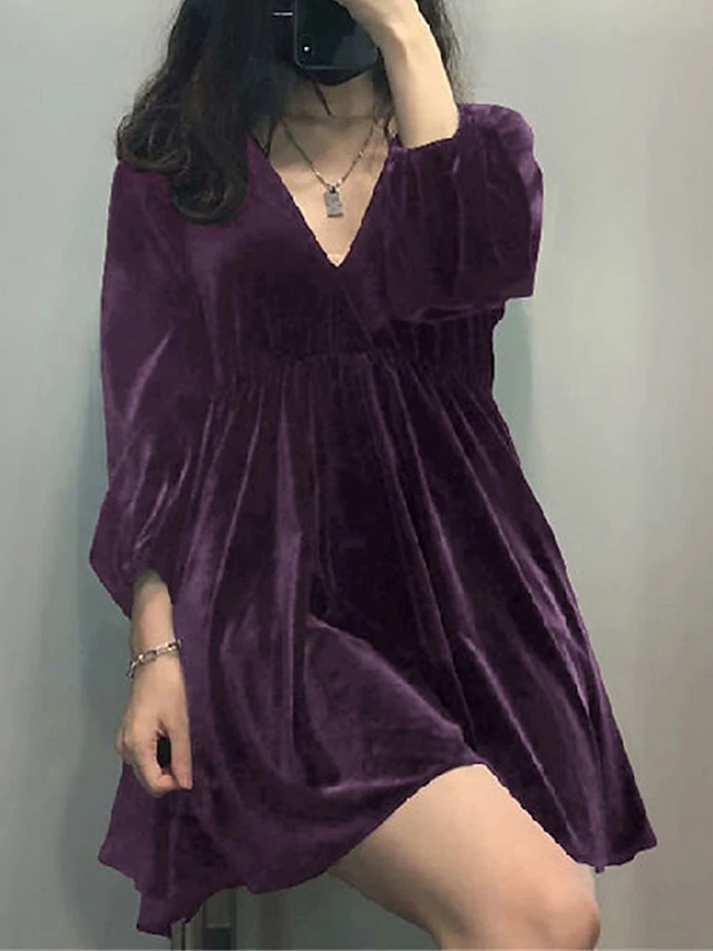 Women's Plus Size Curve Casual Dress Velvet Dress Winter Dress Solid Color Mini Dress Long Sleeve Ruched V Neck Fashion Outdoor Black Red Fall Winter L XL XXL 3XL 4XL 4 Women's Plus Size Curve Casual Dress Velvet Dress Winter Dress Solid Color Mini Dress Long Sleeve Ruched V Neck Fashion Outdoor Black Red Fall Winter L XL XXL 3XL 4XL - Image 4