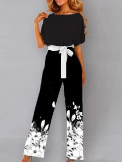 Women's Jumpsuit Print Floral Crew Neck Elegant Work Dailywear Straight Regular Fit Short Sleeve T-shirt Sleeve Black S M L Summer