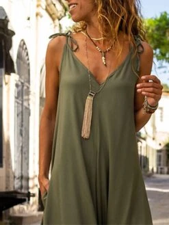 Women's Jumpsuit Pocket Solid Color V Neck Streetwear Street Daily Regular Fit Strap Green S M L Summer -Cheap Plus Fit Dress Store mfttfm1690449246430