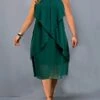 Women‘s Plus Size Curve Casual Dress Chiffon Dress Halter Neck Dress Plain Midi Dress Sleeveless Patchwork Layered Halter Fashion Outdoor Red Green Summer Spring L XL XXL 3XL 4XL