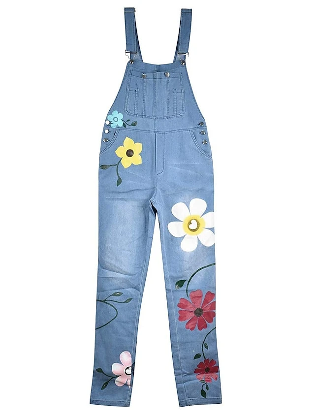 Denim Jumpsuit For Women Overall Utility Patch Pocket Print Floral Casual Daily Going Out Regular Fit Sleeveless Blue Gray Light Blue S M L Fall Cowboy 4 Denim Jumpsuit For Women Overall Utility Patch Pocket Print Floral Casual Daily Going Out Regular Fit Sleeveless Blue Gray Light Blue S M L Fall Cowboy - Image 4