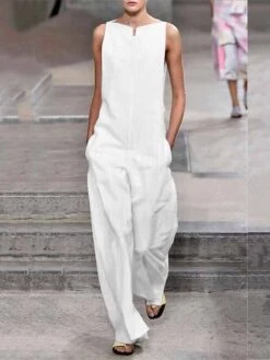 White Jumpsuits For Women Summer Dressy Clean Fit White Pocket Solid Color Crew Neck Streetwear Street Elegant Daily Regular Fit Sleeveless Black Wine S M L Summer