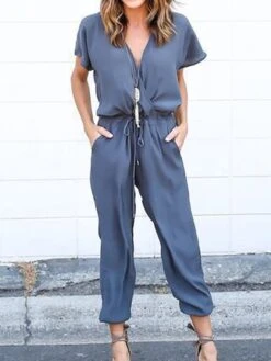 Black Jumpsuit For Women Lace Up Patch PocketSolid Color V Neck Streetwear Daily Vacation Loose Fit Short Sleeve Wine Blue S M L Spring -Cheap Plus Fit Dress Store mgwwno1676363684415