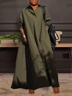 Women's Plus Size Curve Casual Dress Swing Dress Solid Color Long Dress Maxi Dress Long Sleeve Ruched V Neck Fashion Outdoor ArmyGreen Black Fall Winter L XL XXL 3XL 4XL