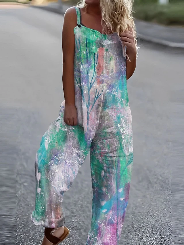 Jumpsuits For Women Summer Overall Print Floral Square Neck Streetwear Daily Vacation Loose Fit Sleeveless White Royal Blue Blue S M L 2 Jumpsuits For Women Summer Overall Print Floral Square Neck Streetwear Daily Vacation Loose Fit Sleeveless White Royal Blue Blue S M L - Image 2