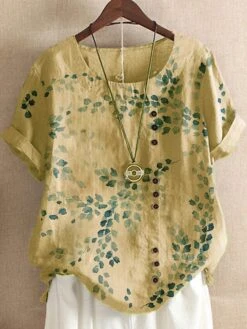 Women's Shirt Blouse Linen Light Yellow White Sky Blue Leaf Short Sleeve Daily Vacation Going Out Vintage Holiday Casual Crew Neck Regular Fit Summer Spring -Cheap Plus Fit Dress Store mhuujn1621825198363