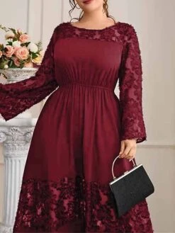 Women's Plus Size Prom Dress Party Dress Wedding Guest Dress Long Dress Maxi Dress Wine Long Sleeve Pure Color Ruched Fall Winter Autumn Crew Neck Fashion Winter Dress Wedding Guest Evening Party -Cheap Plus Fit Dress Store mhxnnh1693207121588