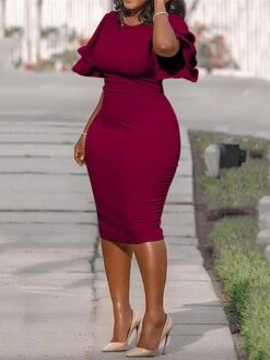 Women‘s Plus Size Curve Flattering Dresses Elegant Wedding Guest Party Dress Solid Color Crew Neck Ruffle Short Sleeve Spring Fall Work Prom Dress Short Mini Dress Formal Party Dress Work Dress -Cheap Plus Fit Dress Store mhyqyn1628138147067