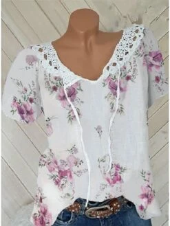 Women's Shirt Blouse White Pink Blue Floral Lace Up Print Short Sleeve Casual Holiday Basic V Neck Regular Fit Floral 14 Women's Shirt Blouse White Pink Blue Floral Lace Up Print Short Sleeve Casual Holiday Basic V Neck Regular Fit Floral -Cheap Plus Fit Dress Store migyoc1685694725300